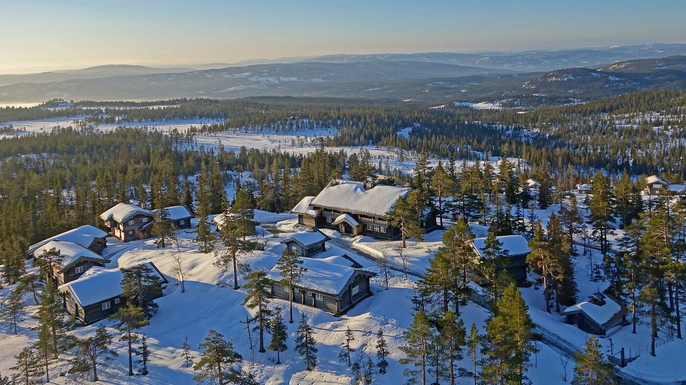 Arial view of snow covered hotel